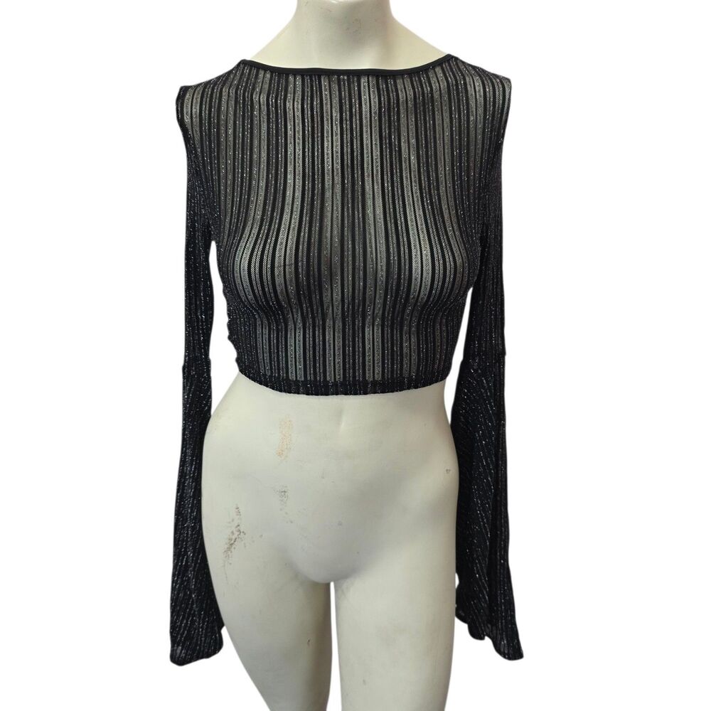 SHEIN SXY Black Glitter Sheer Mesh Crop Top Bell Sleeve Y2K Goth Size S